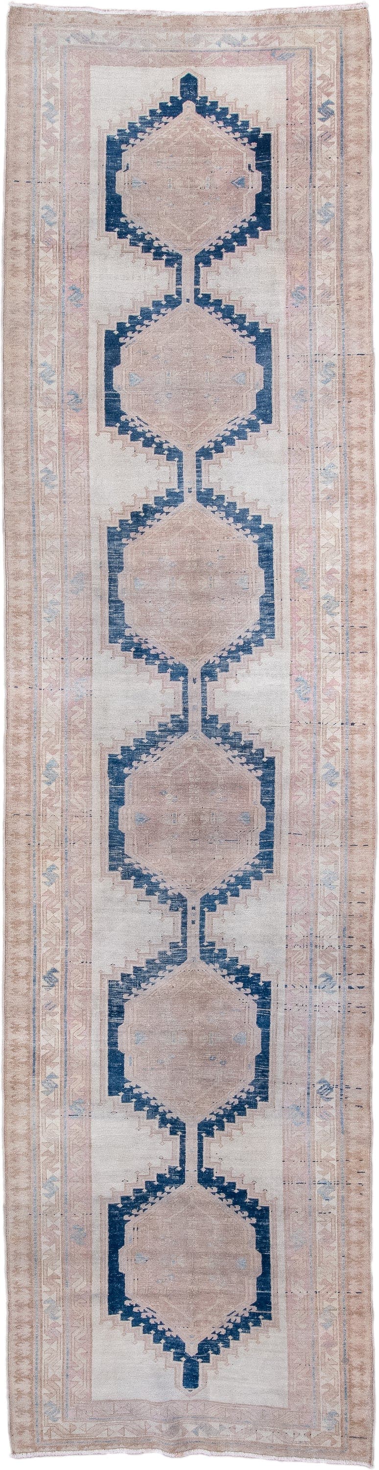 3' x 13' one-of-a-kind handmade antique Meshkin runner rug. Color palette: ivory, blush, navy, dusty rose, pale blue, beige