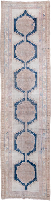 3' x 13' one-of-a-kind handmade antique Meshkin runner rug. Color palette: ivory, blush, navy, dusty rose, pale blue, beige