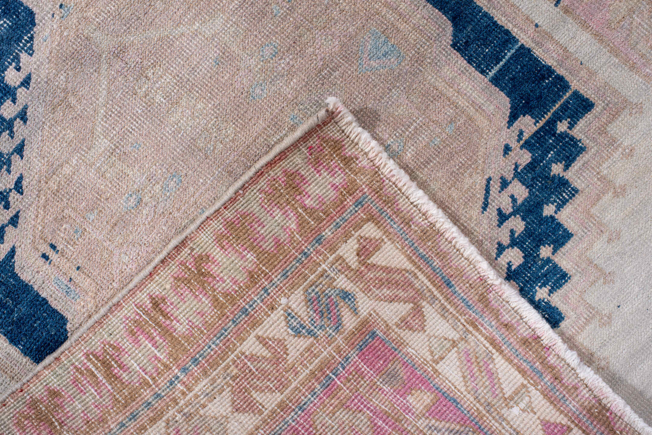 3' x 13' one-of-a-kind handmade antique Meshkin runner rug. Color palette: ivory, blush, navy, dusty rose, pale blue, beige