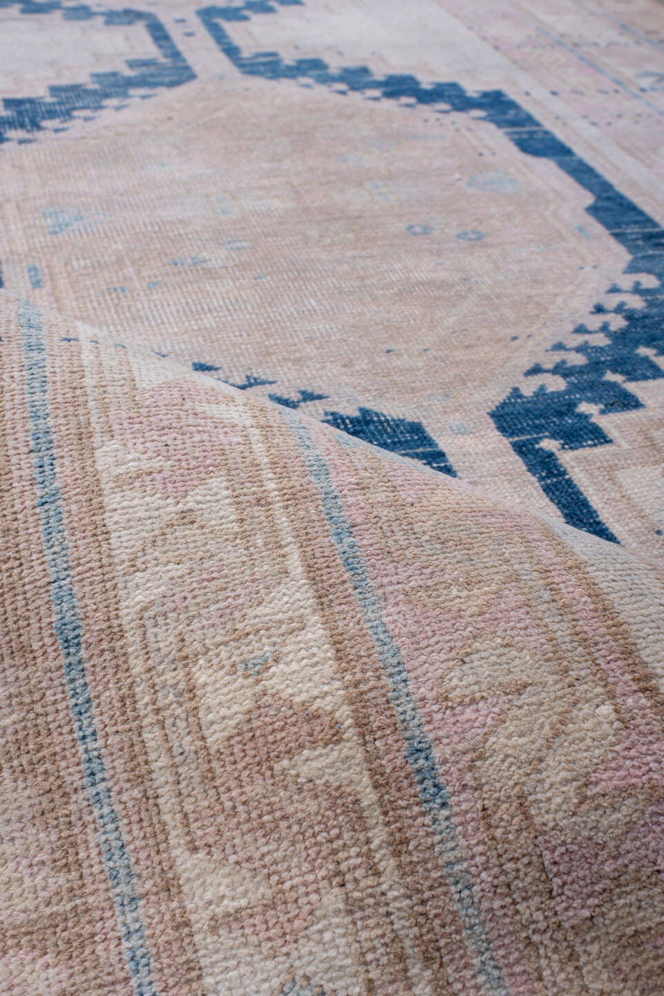 3' x 13' one-of-a-kind handmade antique Meshkin runner rug. Color palette: ivory, blush, navy, dusty rose, pale blue, beige
