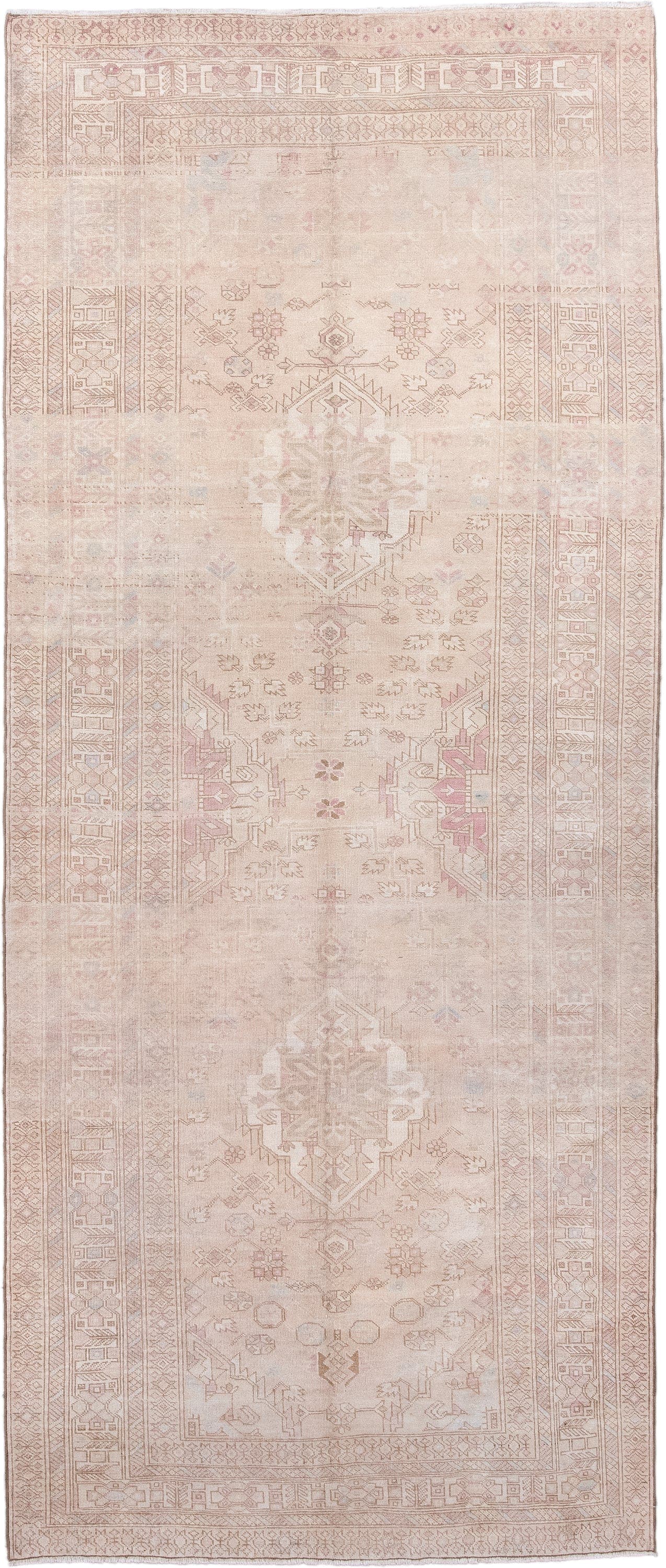 4' x 11' one-of-a-kind handmade antique Meshkin runner rug. Color palette: ivory, blush, taupe, rose, beige, sand, pink