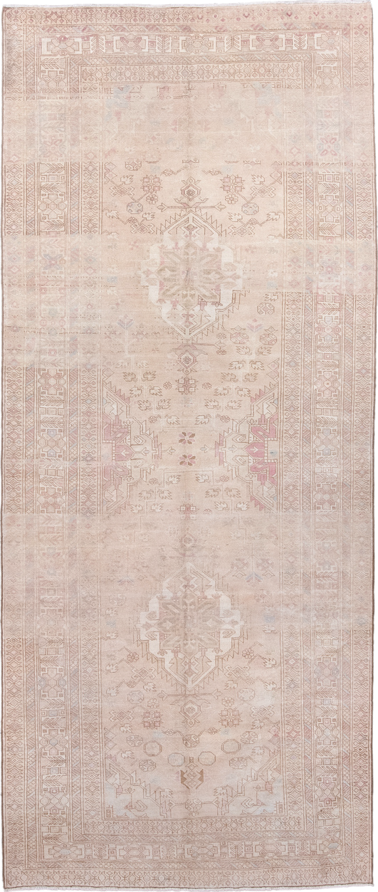 4' x 11' one-of-a-kind handmade antique Meshkin runner rug. Color palette: ivory, blush, taupe, rose, beige, sand, pink