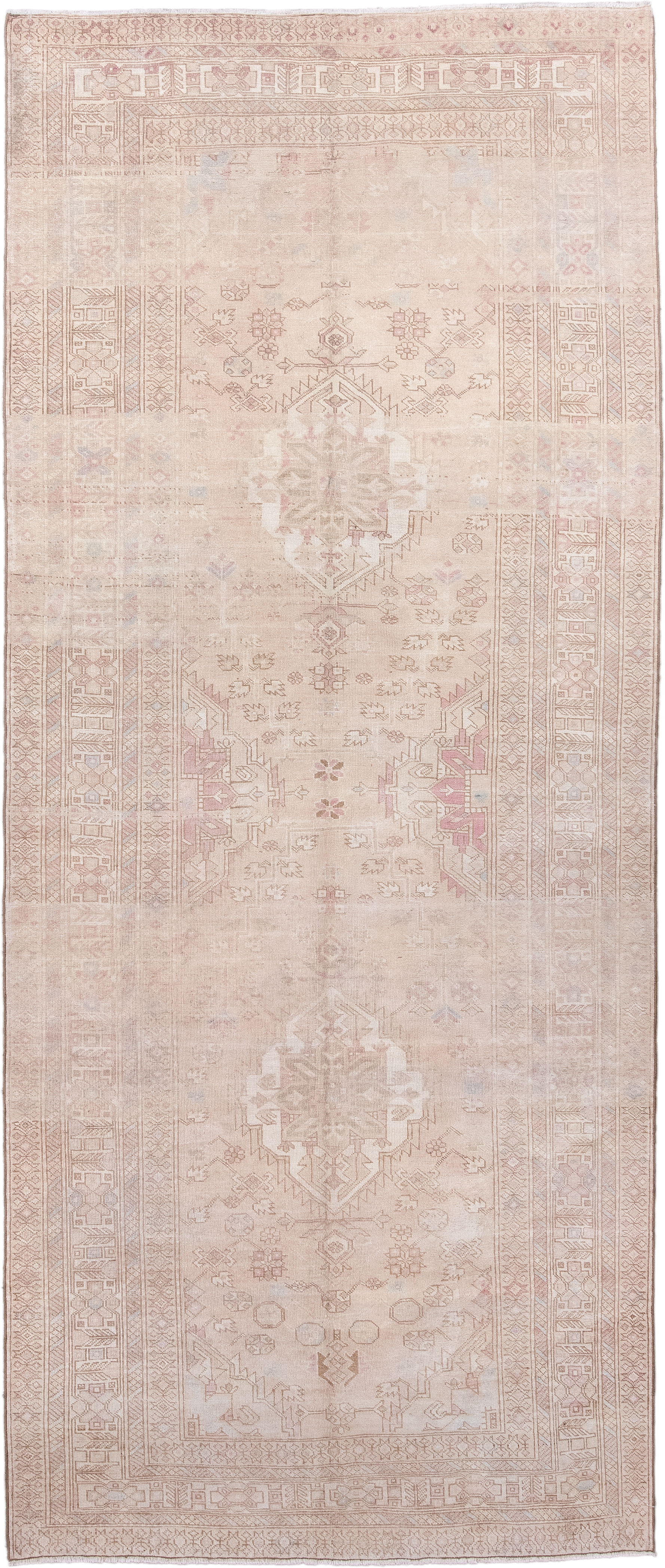 4' x 11' one-of-a-kind handmade antique Meshkin runner rug. Color palette: ivory, blush, taupe, rose, beige, sand, pink
