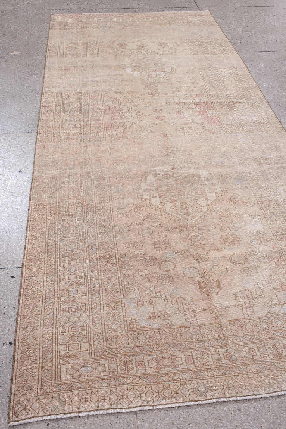 4' x 11' one-of-a-kind handmade antique Meshkin runner rug. Color palette: ivory, blush, taupe, rose, beige, sand, pink