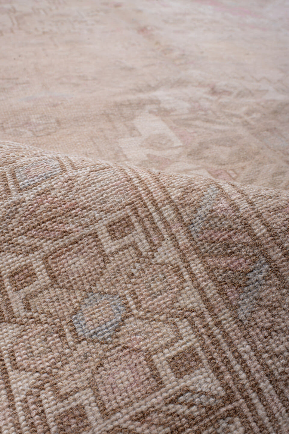 4' x 11' one-of-a-kind handmade antique Meshkin runner rug. Color palette: ivory, blush, taupe, rose, beige, sand, pink