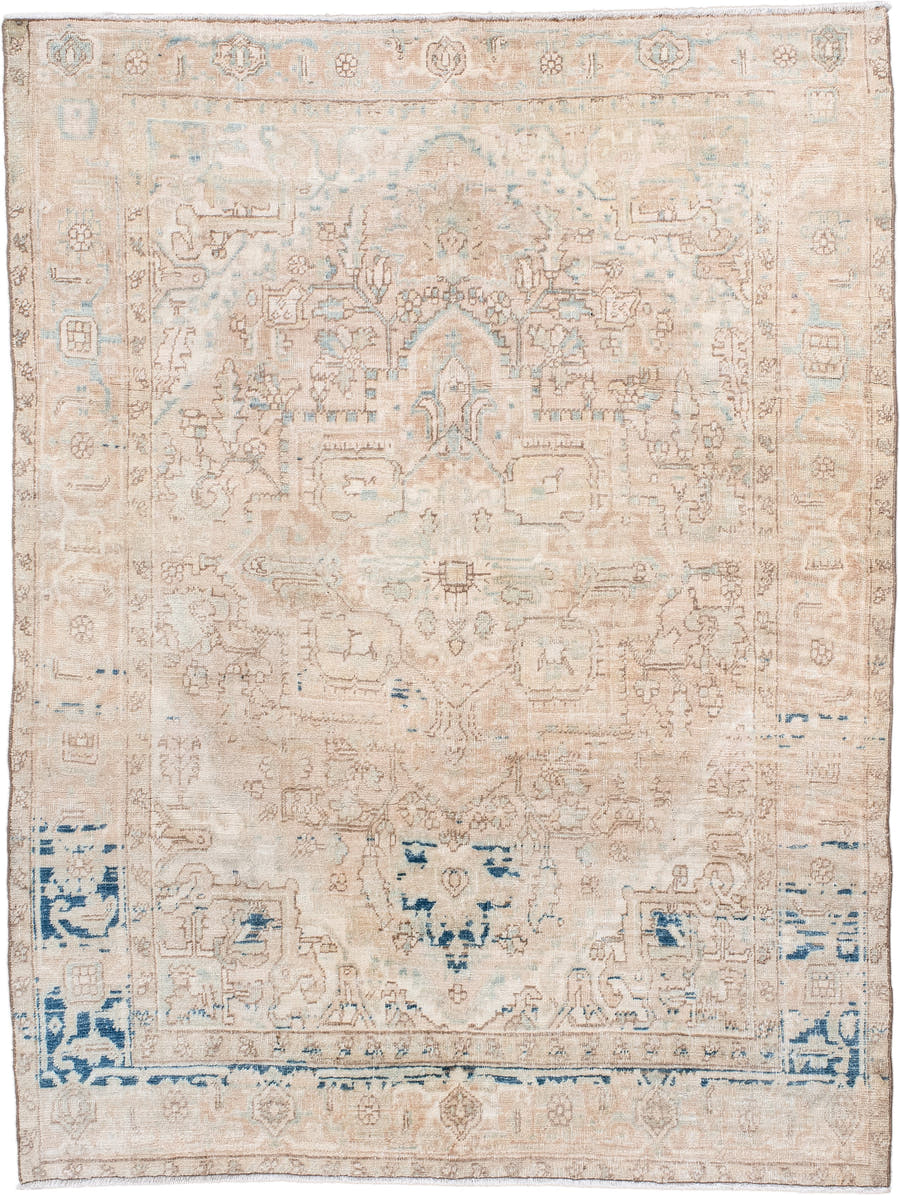 4' x 6' one-of-a-kind handmade antique Sarouk small size rug. Color palette: ivory, beige, tan, sky blue, taupe, camel