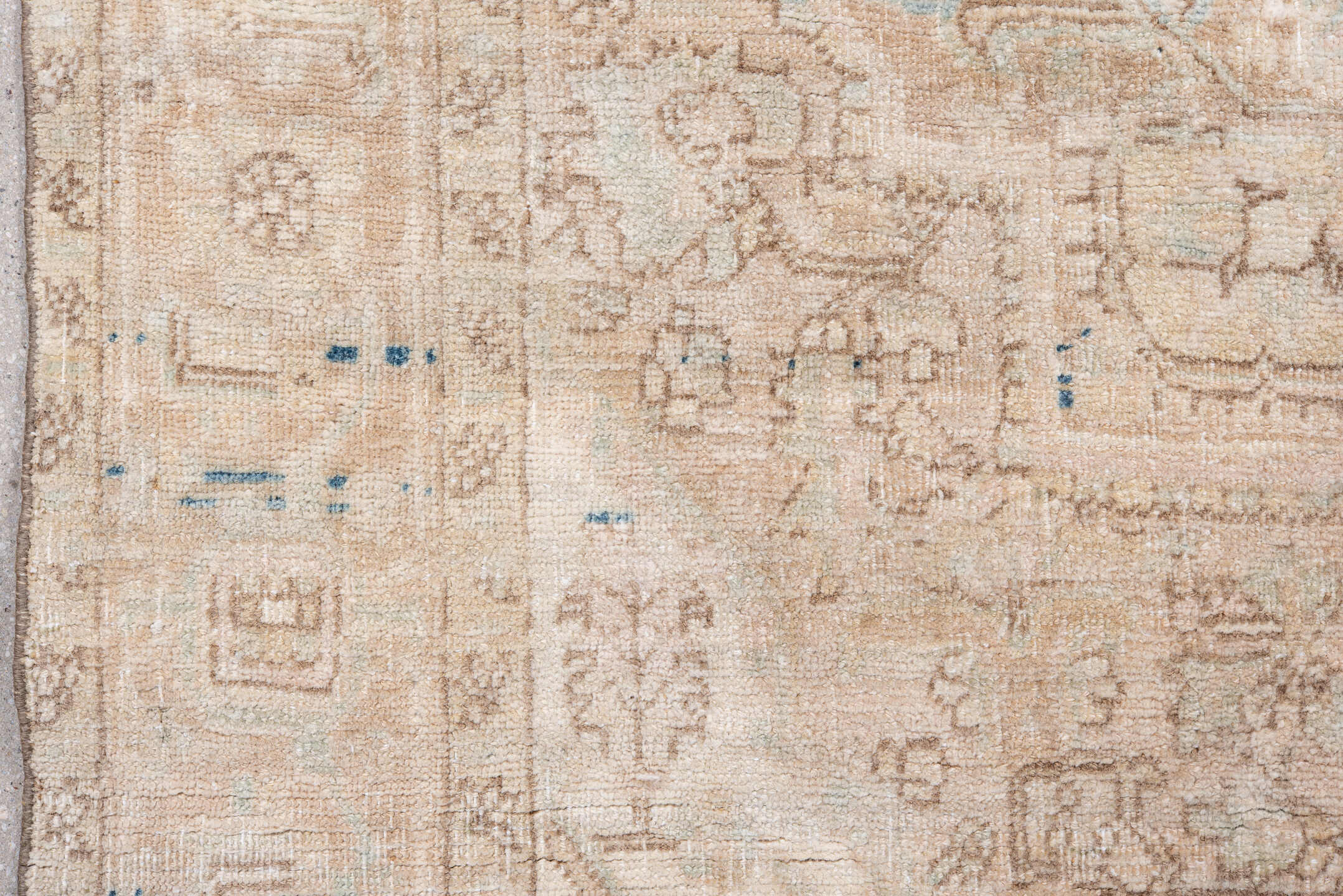 4' x 6' one-of-a-kind handmade antique Sarouk small size rug. Color palette: ivory, beige, tan, sky blue, taupe, camel