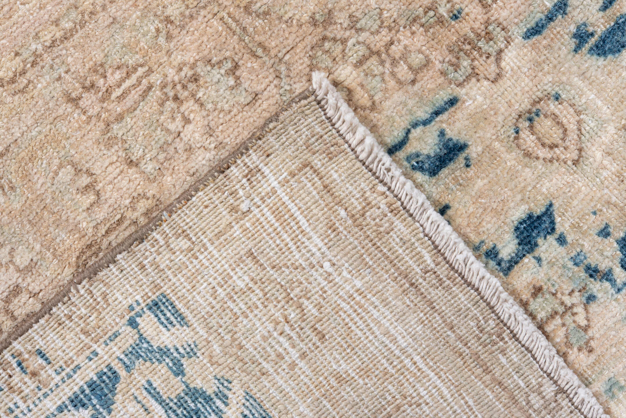 4' x 6' one-of-a-kind handmade antique Sarouk small size rug. Color palette: ivory, beige, tan, sky blue, taupe, camel