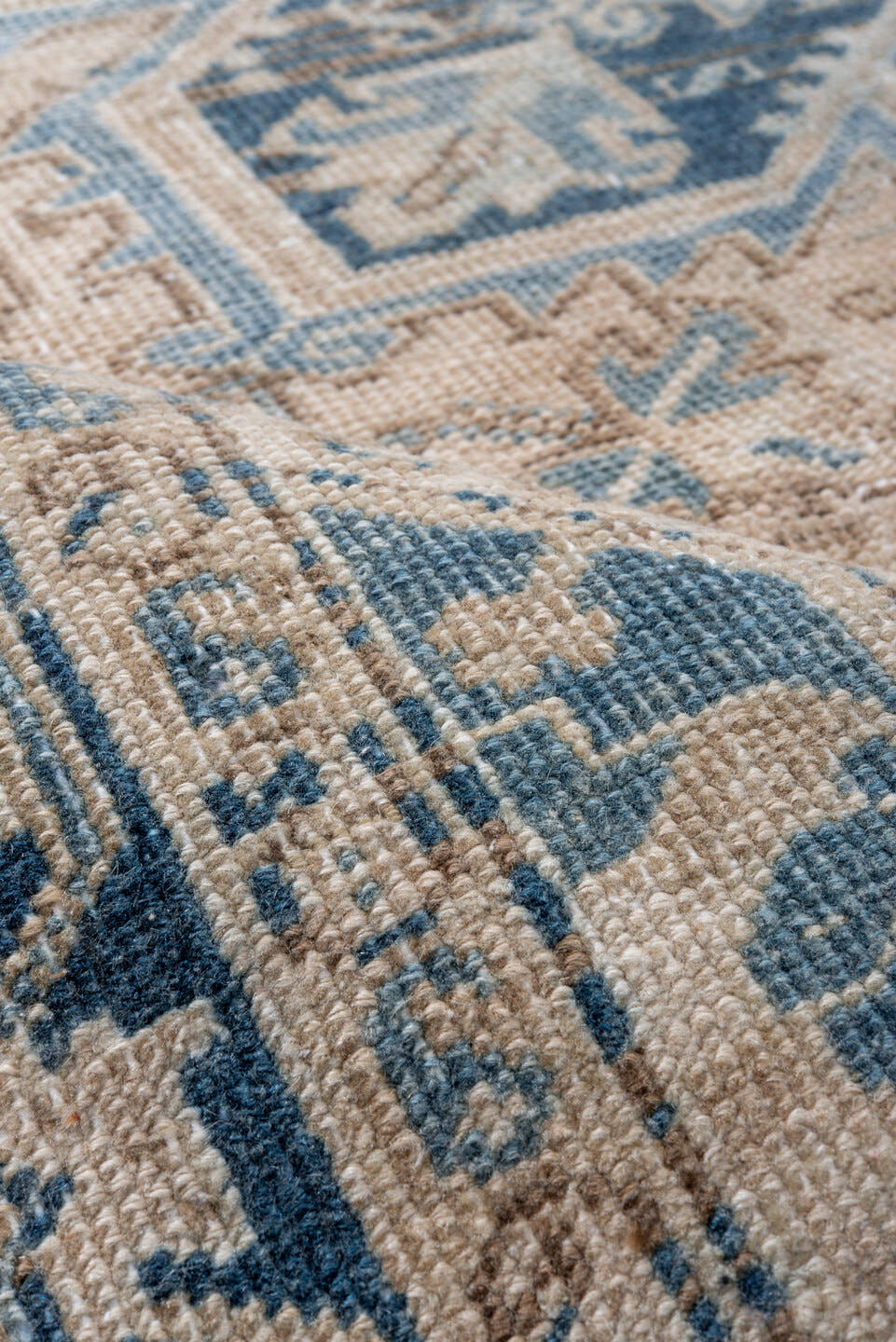 6' x 8' one-of-a-kind handmade antique Heriz medium size rug. Color palette: ivory, blue, navy, beige, taupe, camel, gray