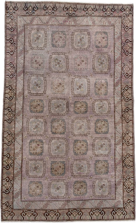 4' x 8' one-of-a-kind handmade antique Khotan rug. Color palette: taupe, ivory, brown, dusty rose, sage, slate, beige, gray
