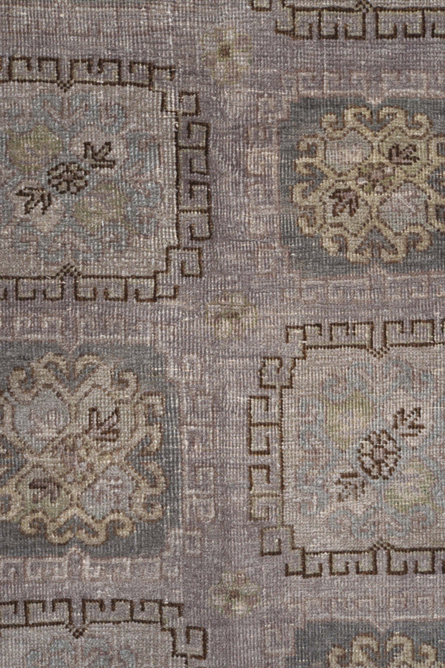 4' x 8' one-of-a-kind handmade antique Khotan rug. Color palette: taupe, ivory, brown, dusty rose, sage, slate, beige, gray