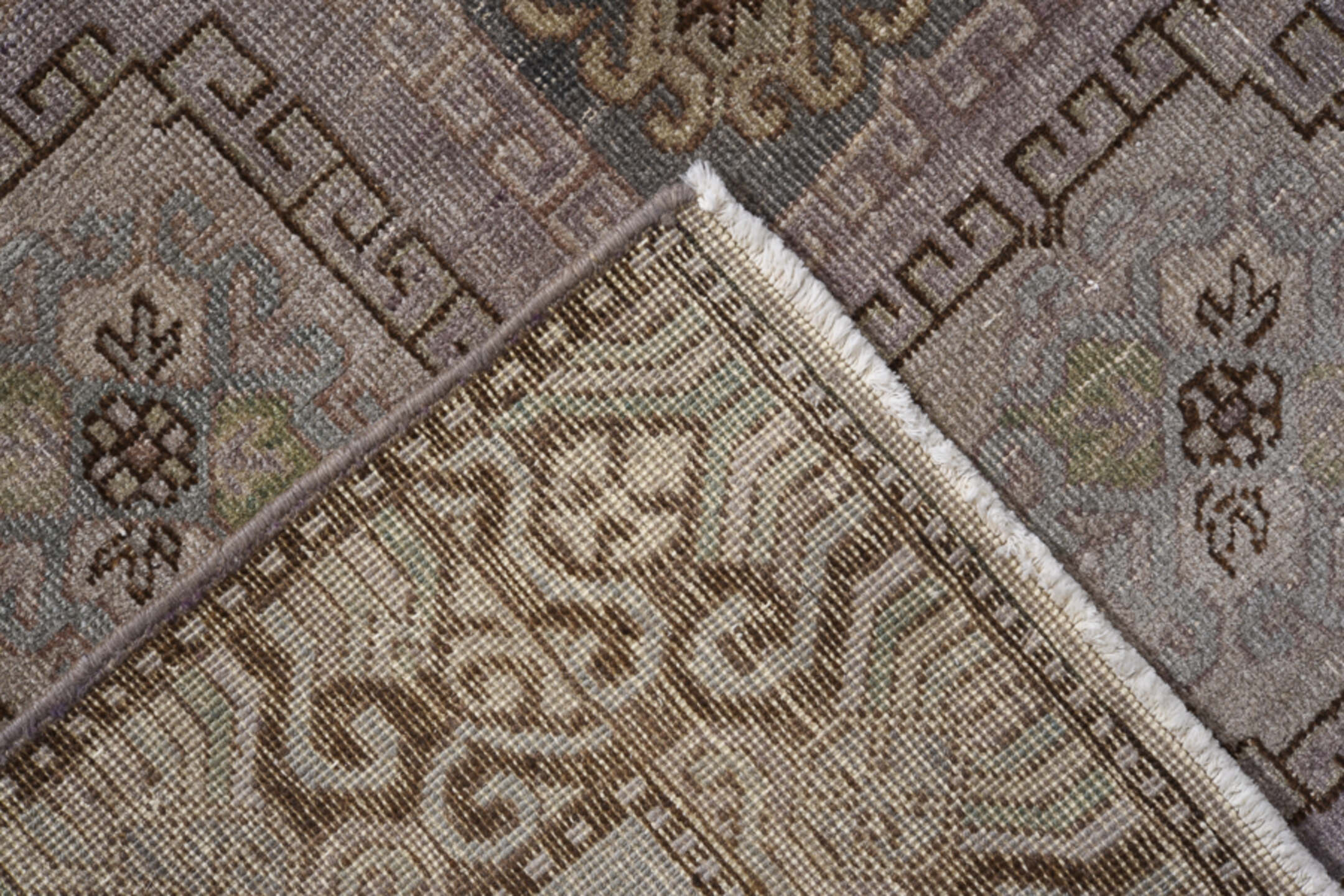 4' x 8' one-of-a-kind handmade vintage Khotan rug. Color palette: brown, dim gray, gray, light gray, pink