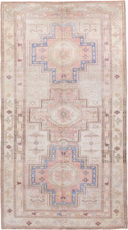 4' x 8' one-of-a-kind handmade antique Caucasian rug. Color palette: ivory, blush, rose, sky blue, taupe, dusty pink, sage