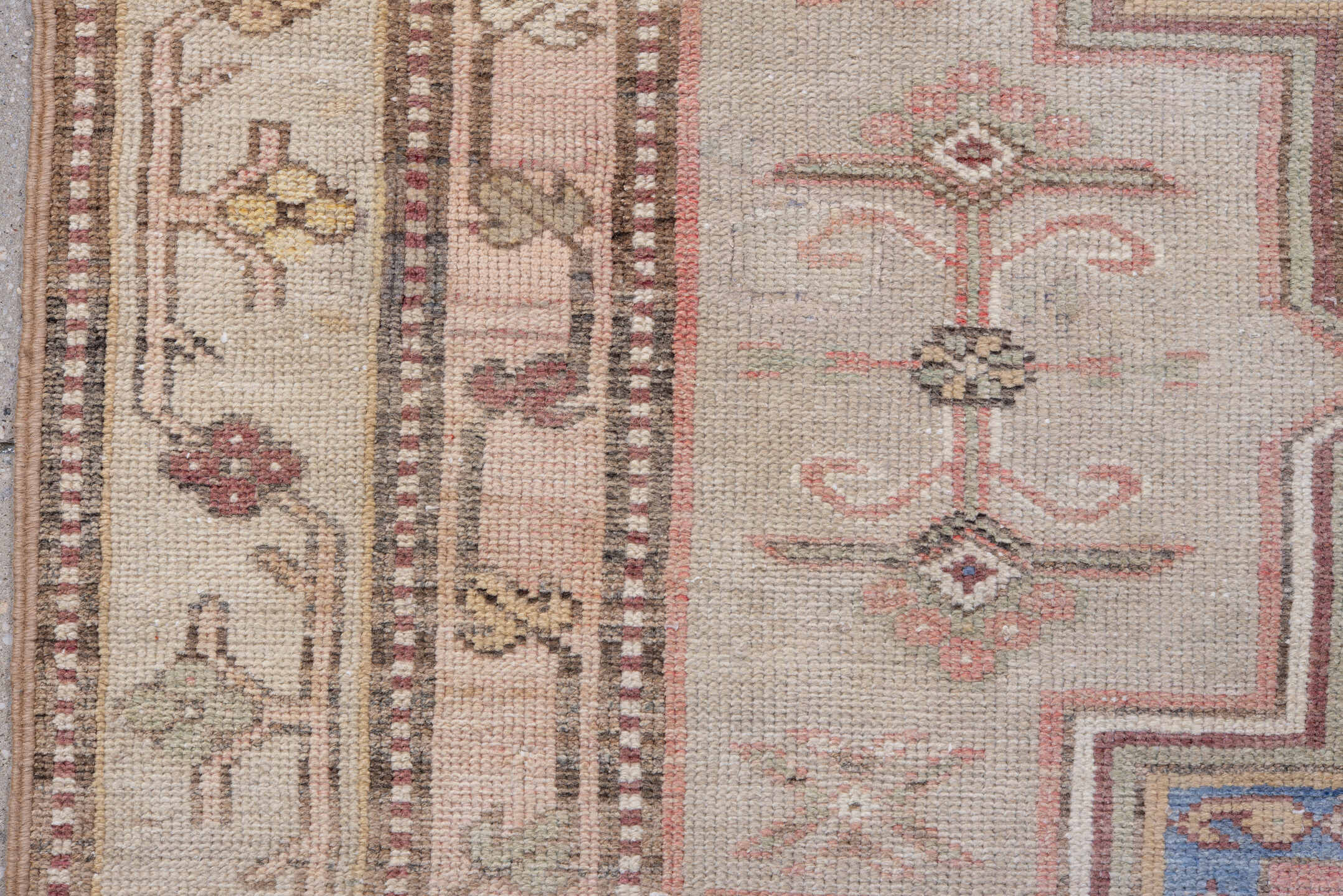 4' x 8' one-of-a-kind handmade antique Caucasian rug. Color palette: ivory, blush, rose, sky blue, taupe, dusty pink, sage