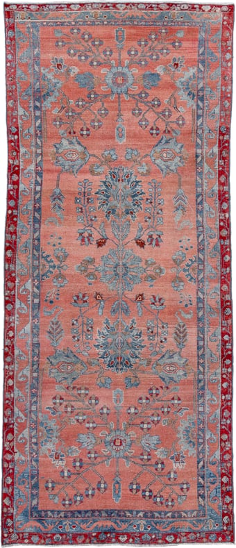 4' x 9' one-of-a-kind handmade antique Lilian runner rug. Color palette: rose, powder_blue, brick_red, ivory, slate