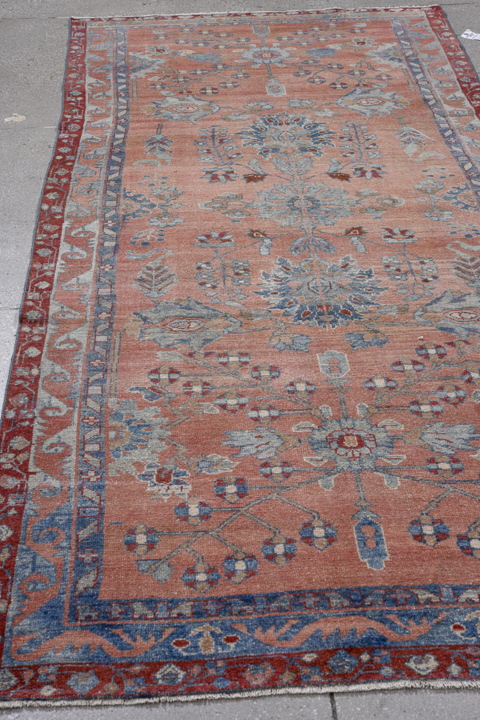 4' x 9' one-of-a-kind handmade antique Lilian runner rug. Color palette: rose, powder_blue, brick_red, ivory, slate