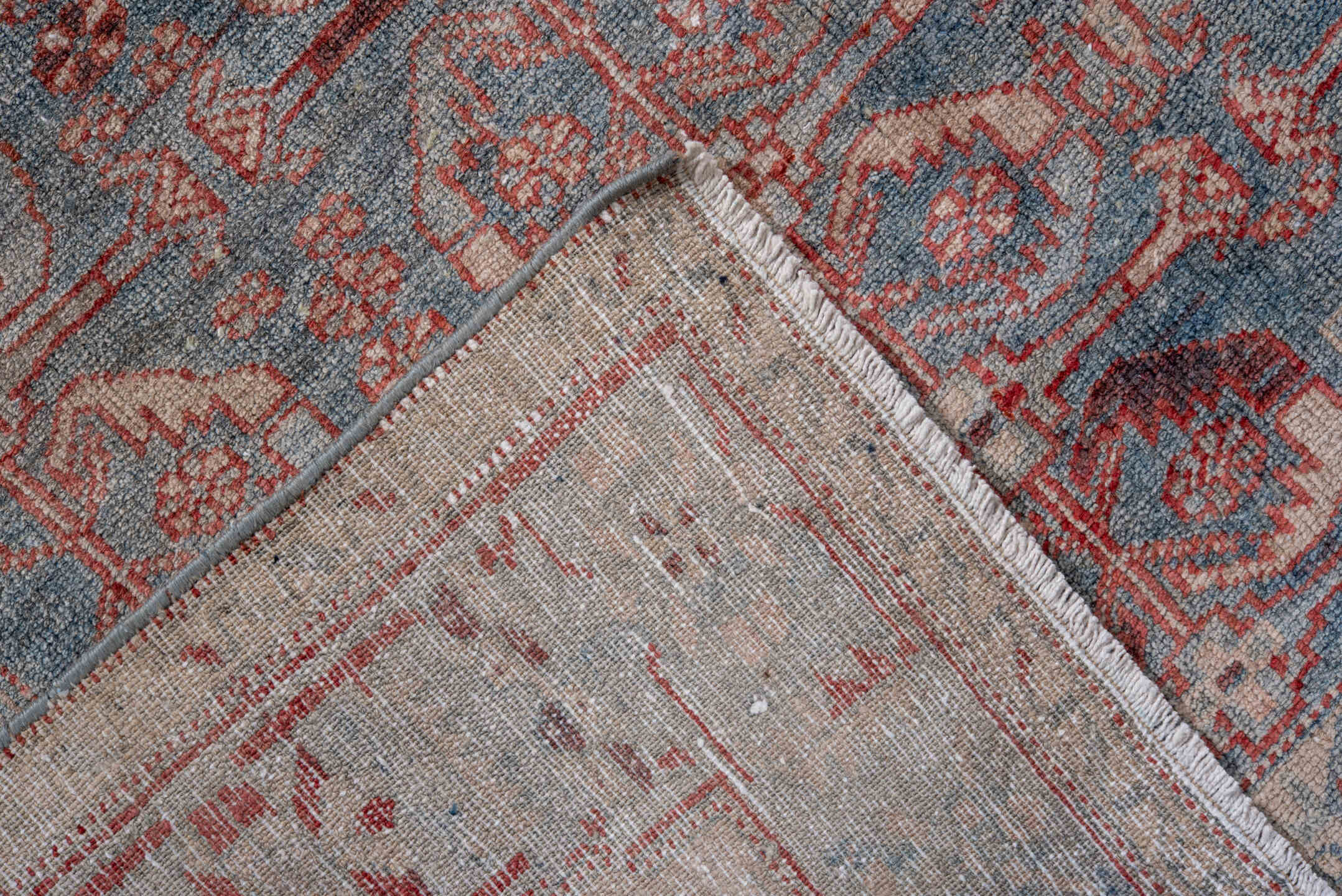4' x 6' one-of-a-kind handmade vintage Malayer small size rug. Color palette: blue, brown, dark gray, dim gray, gray