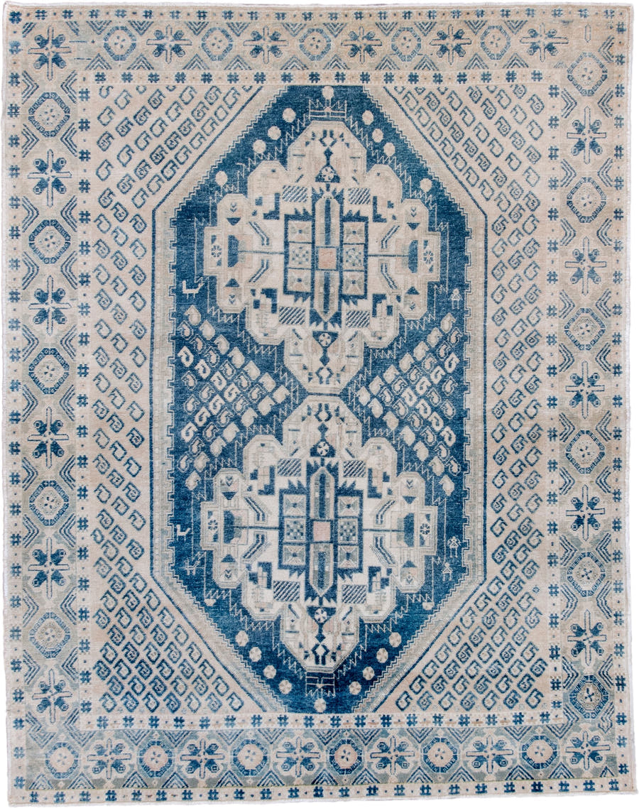 4' x 5' one-of-a-kind handmade antique Afshar small size rug. Color palette: ivory, indigo, slate, cream, pale blue, purple