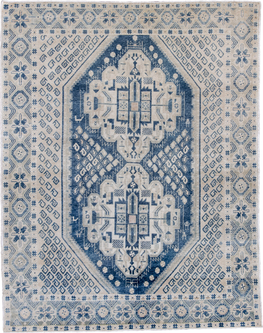 4' x 5' one-of-a-kind handmade antique Afshar small size rug. Color palette: ivory, indigo, slate, cream, pale blue, purple