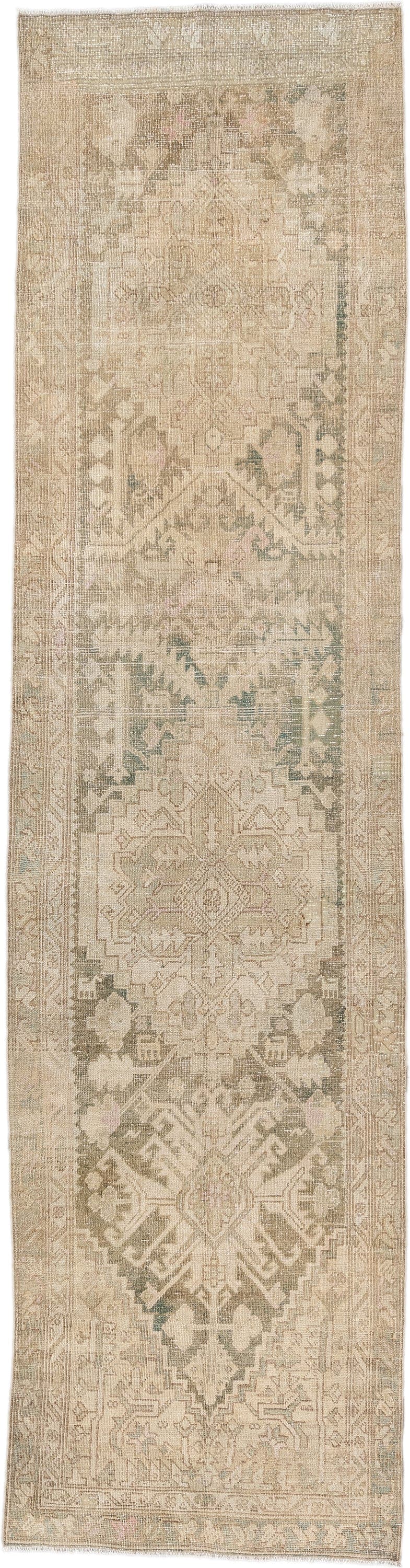 2' x 11' one-of-a-kind handmade antique Sarab runner rug. Color palette: ivory, taupe, beige, sage, pale rust, camel, brown