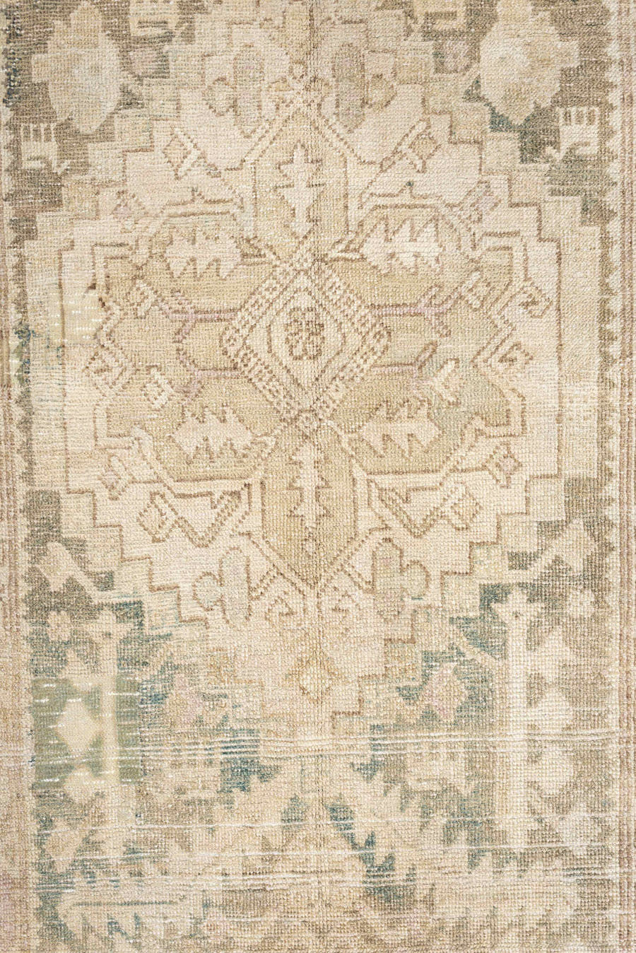 2' x 11' one-of-a-kind handmade antique Sarab runner rug. Color palette: ivory, taupe, beige, sage, pale rust, camel, brown
