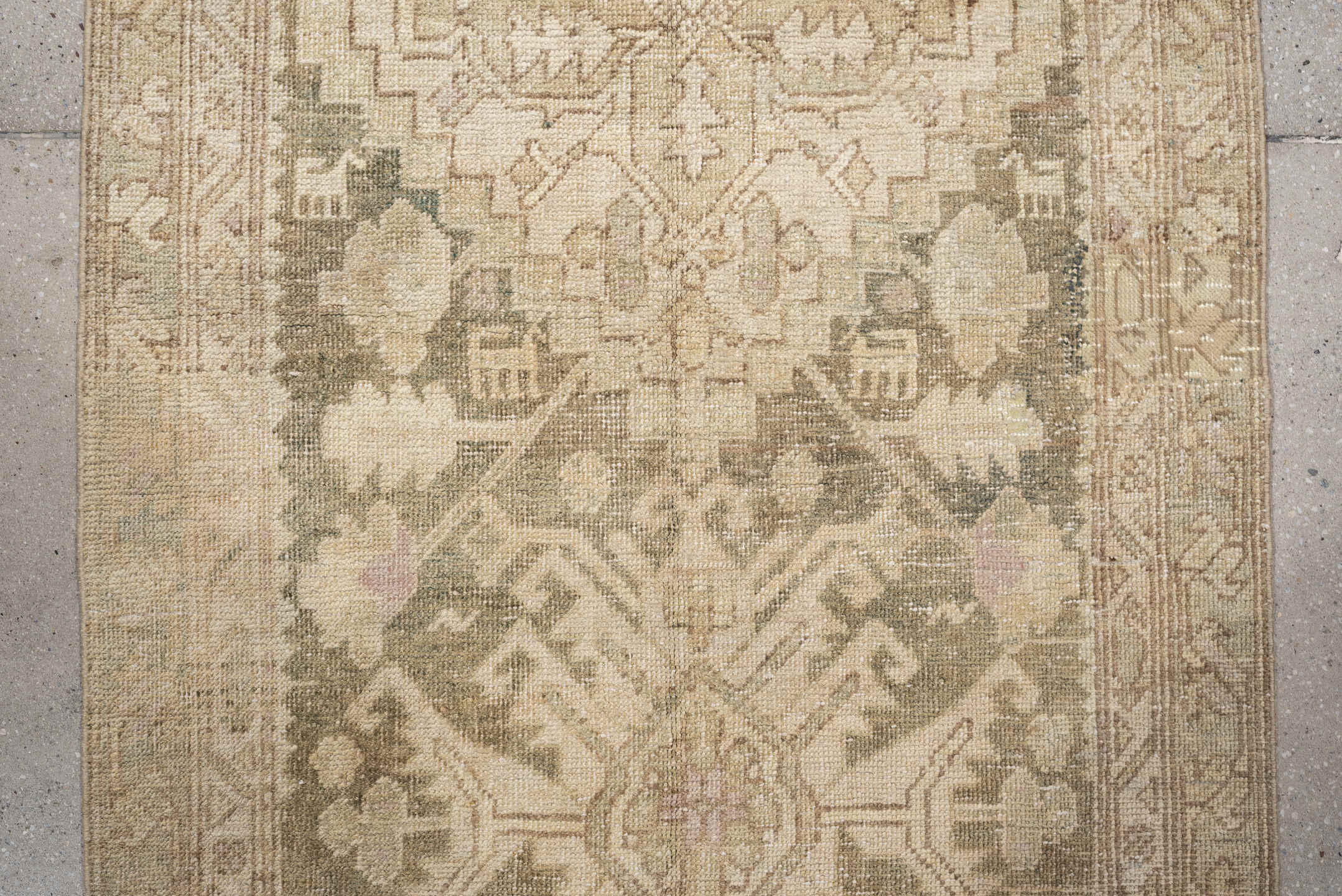 2' x 11' one-of-a-kind handmade antique Sarab runner rug. Color palette: ivory, taupe, beige, sage, pale rust, camel, brown