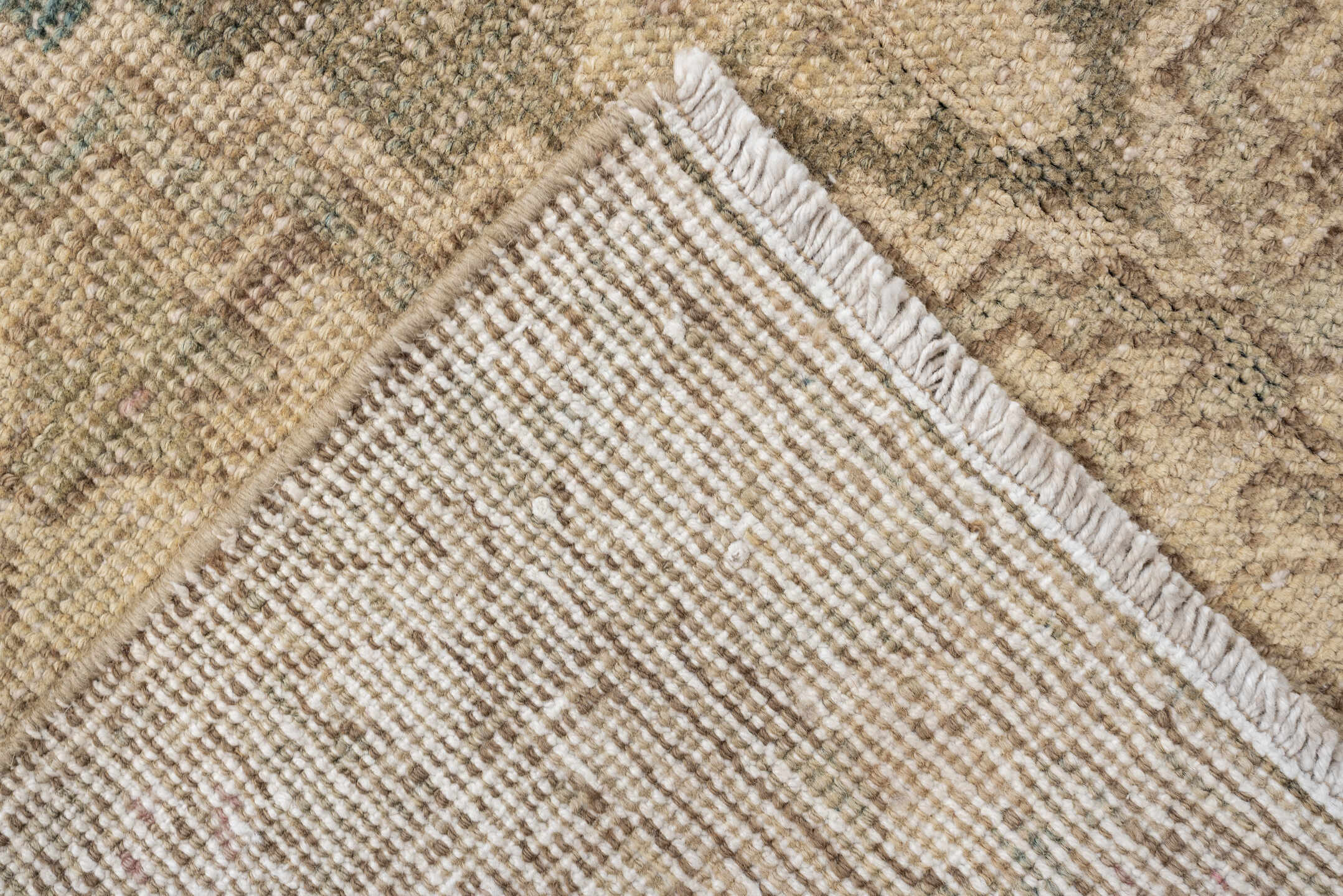 2' x 11' one-of-a-kind handmade antique Sarab runner rug. Color palette: ivory, taupe, beige, sage, pale rust, camel, brown
