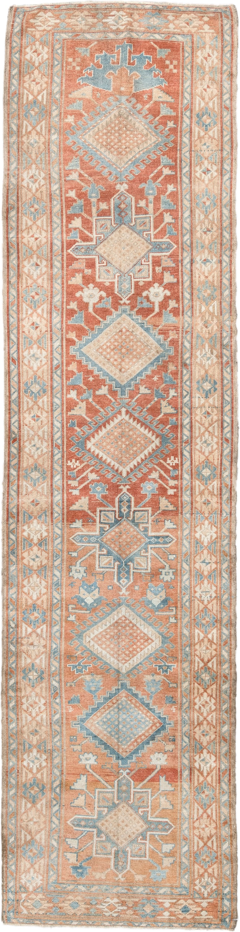 2' x 11' one-of-a-kind handmade antique NW Persian runner rug. Color palette: terracotta, ivory, sky blue, camel, taupe