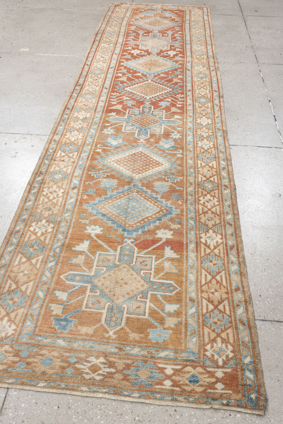 2' x 11' one-of-a-kind handmade antique NW Persian runner rug. Color palette: terracotta, ivory, sky blue, camel, taupe