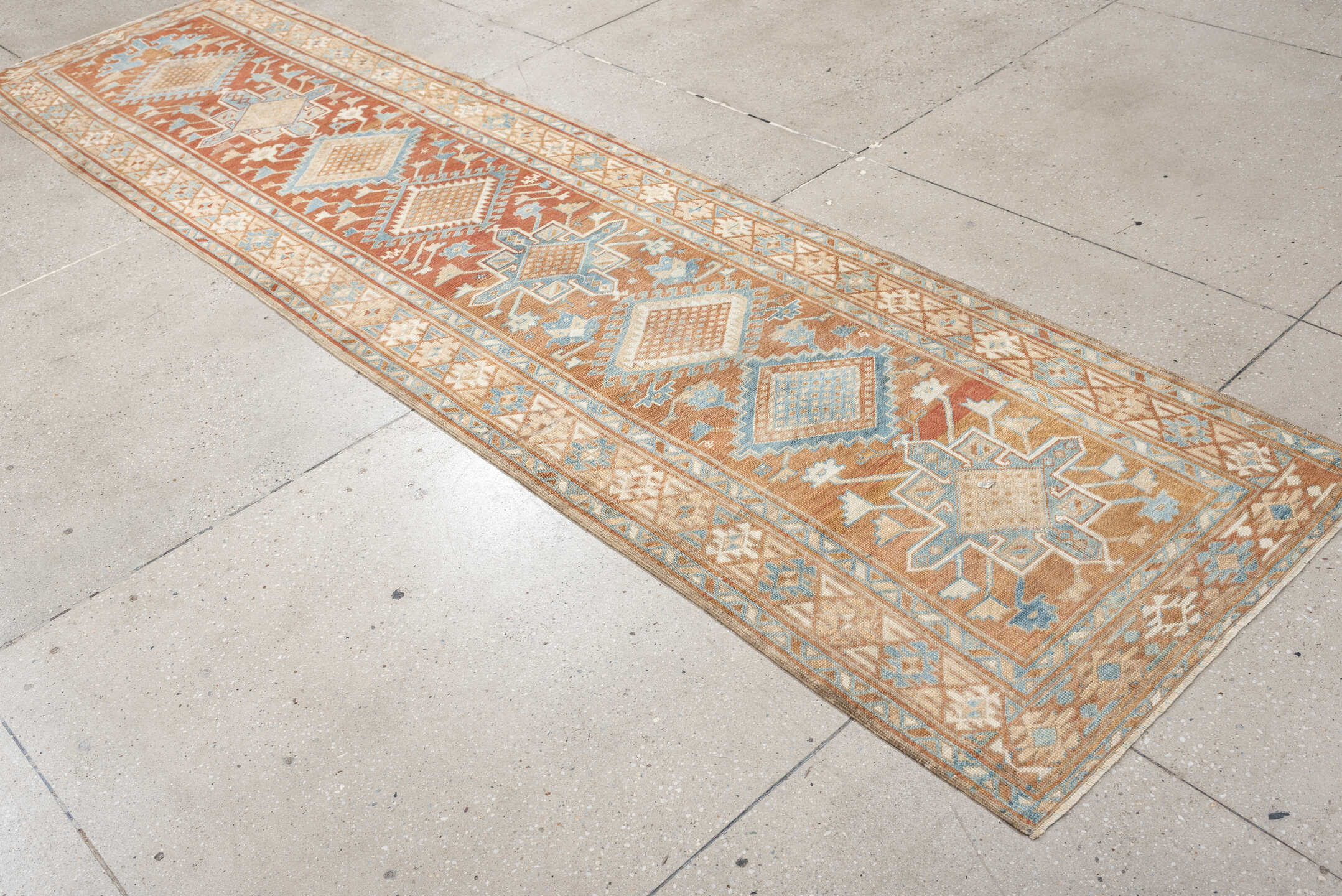 2' x 11' one-of-a-kind handmade antique NW Persian runner rug. Color palette: terracotta, ivory, sky blue, camel, taupe