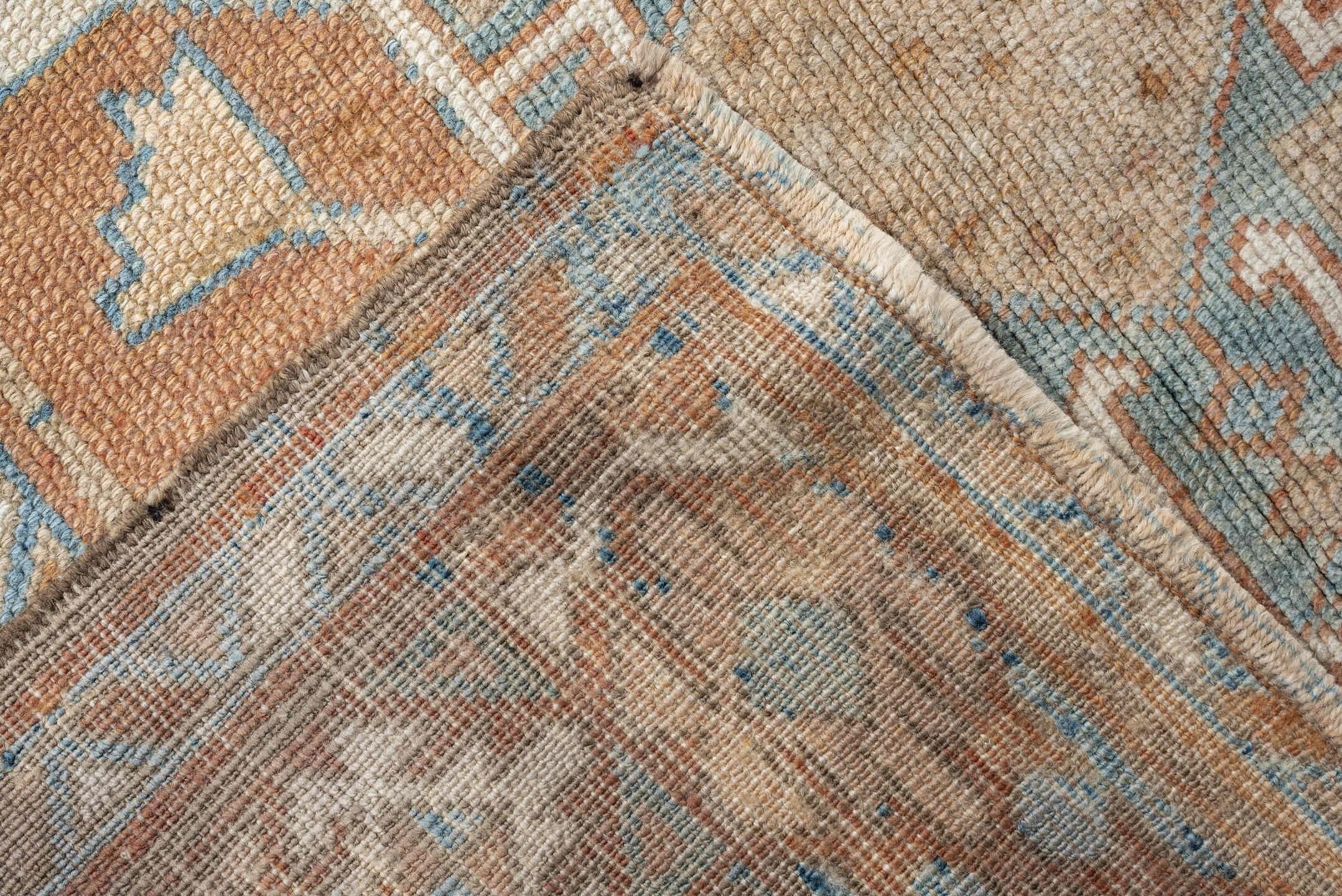 2' x 11' one-of-a-kind handmade antique NW Persian runner rug. Color palette: terracotta, ivory, sky blue, camel, taupe