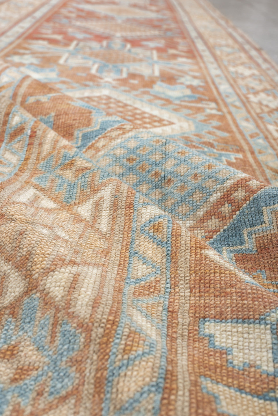 2' x 11' one-of-a-kind handmade antique NW Persian runner rug. Color palette: terracotta, ivory, sky blue, camel, taupe