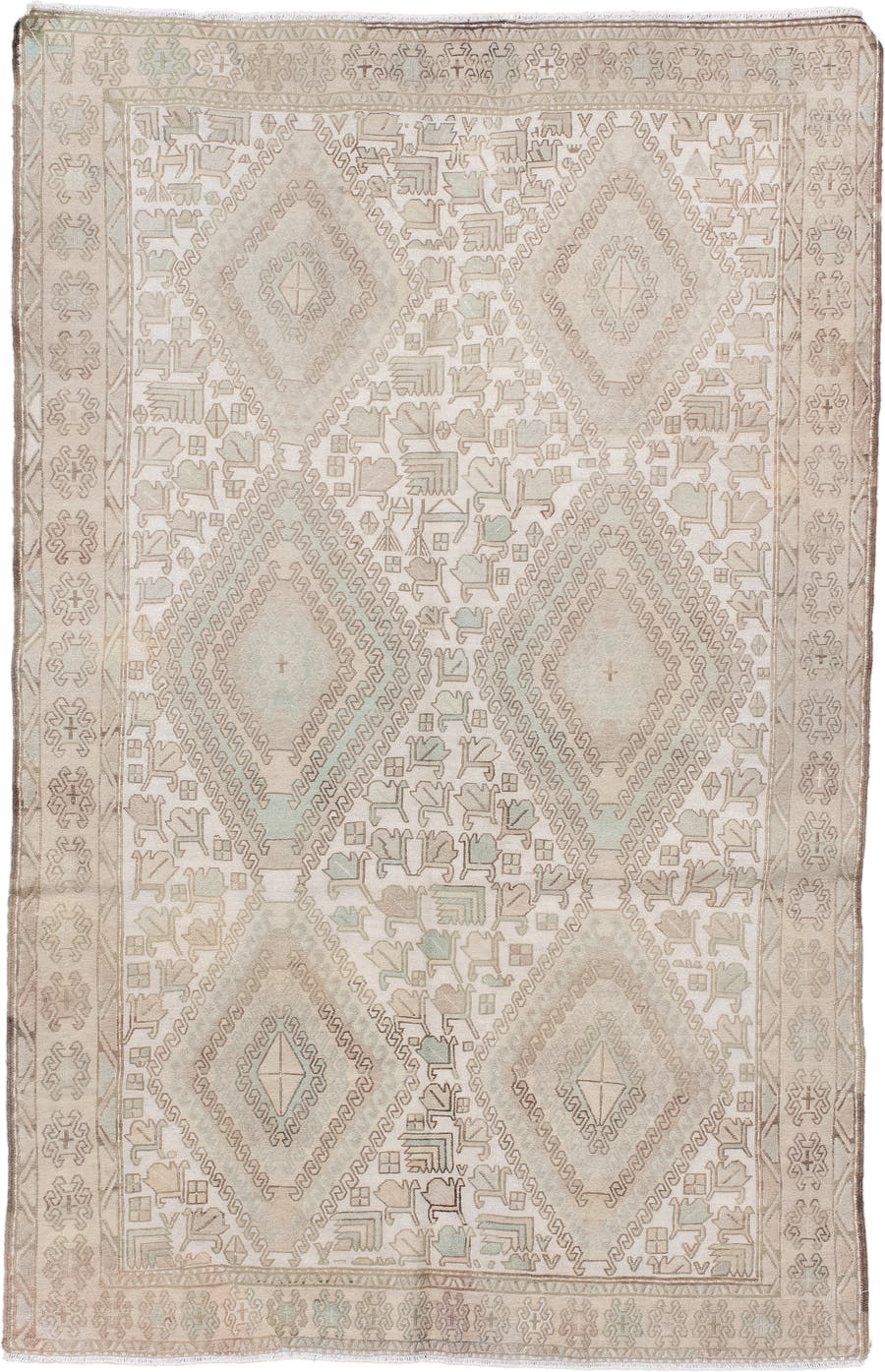 4' x 6' one-of-a-kind handmade vintage Sumak small size rug. Color palette: ivory, taupe, beige, blush, pale sage, sand