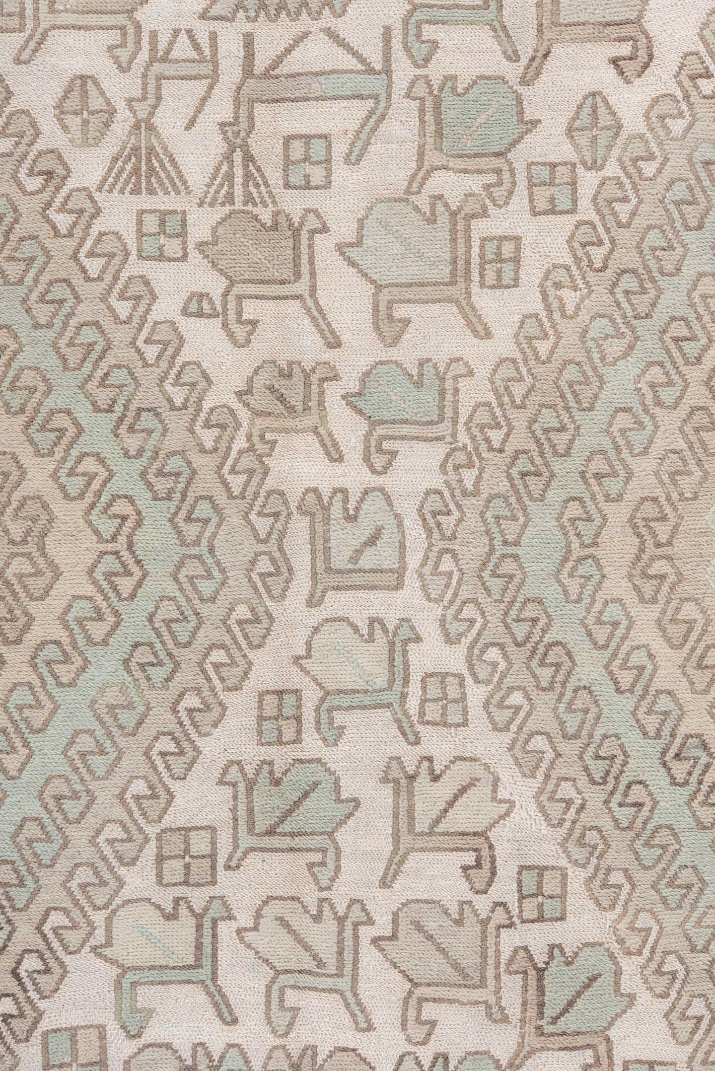 4' x 6' one-of-a-kind handmade vintage Sumak small size rug. Color palette: ivory, taupe, beige, blush, pale sage, sand