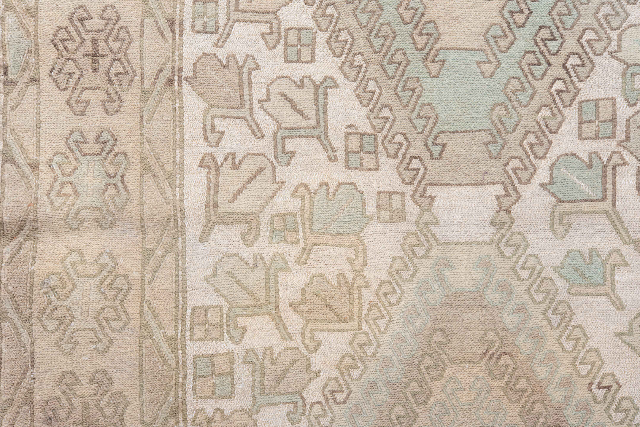 4' x 6' one-of-a-kind handmade vintage Sumak small size rug. Color palette: ivory, taupe, beige, blush, pale sage, sand