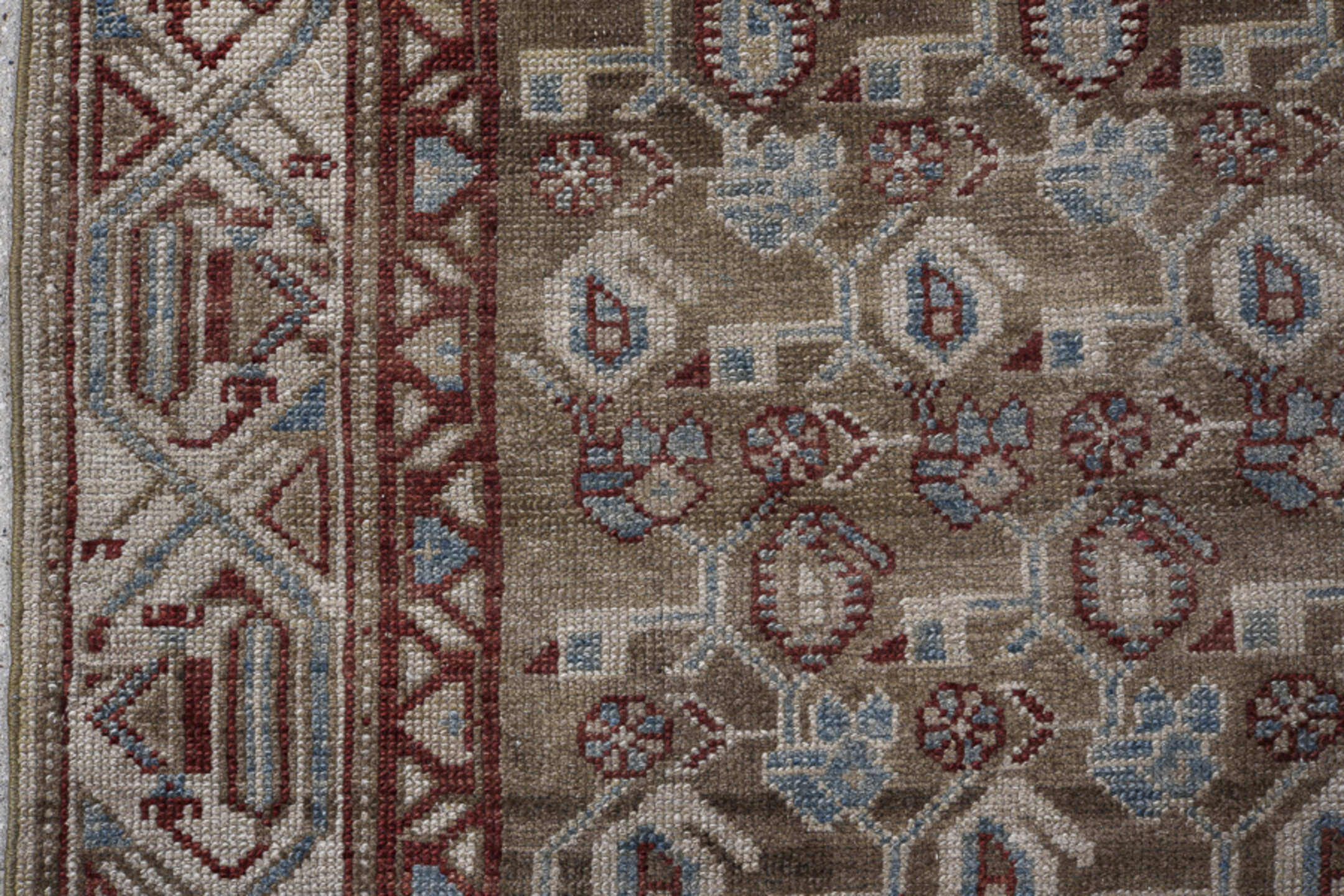 3' x 6' one-of-a-kind handmade vintage Malayer small size rug. Color palette: brown, dim gray, gray, light gray