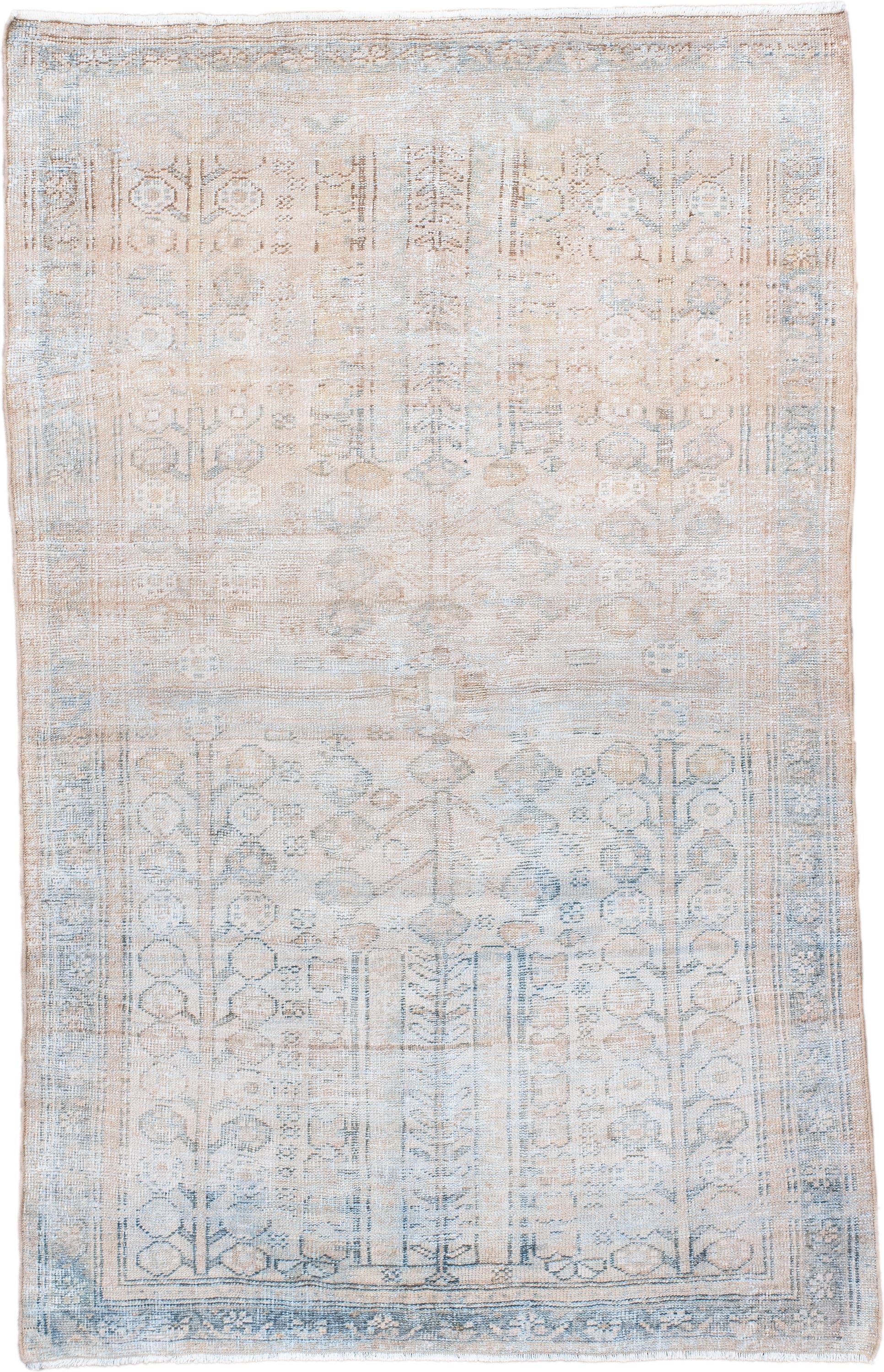 4' x 6' one-of-a-kind handmade vintage Mahal small size rug. Color palette: ivory, pale blue, beige, taupe, cream