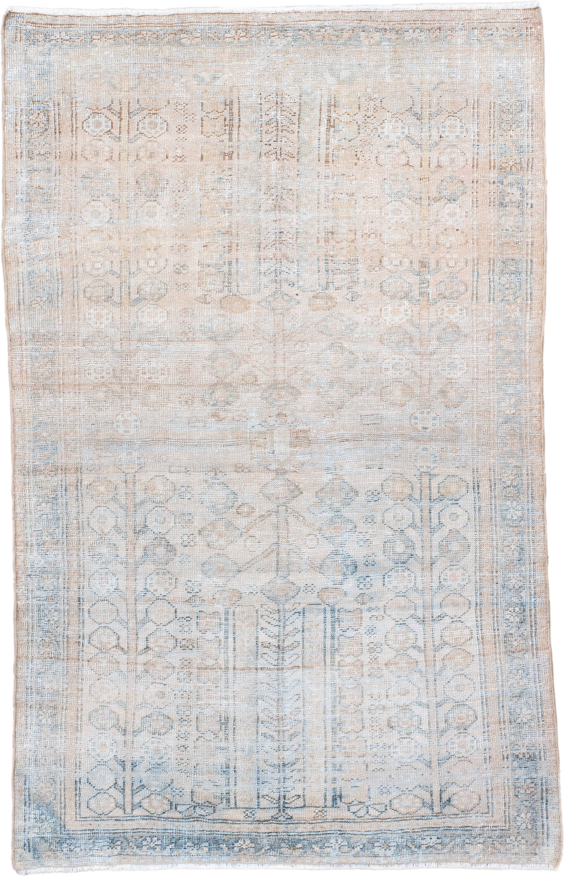 4' x 6' one-of-a-kind handmade vintage Mahal small size rug. Color palette: ivory, pale blue, beige, taupe, cream