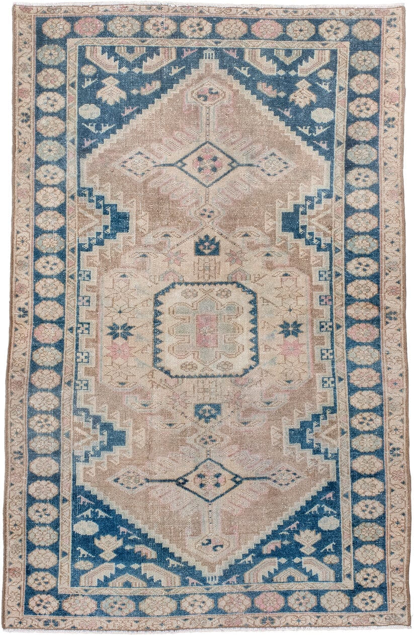 4' x 6' one-of-a-kind handmade antique Hamadan small size rug. Color palette: ivory, beige, navy, blush, taupe, powder_blue