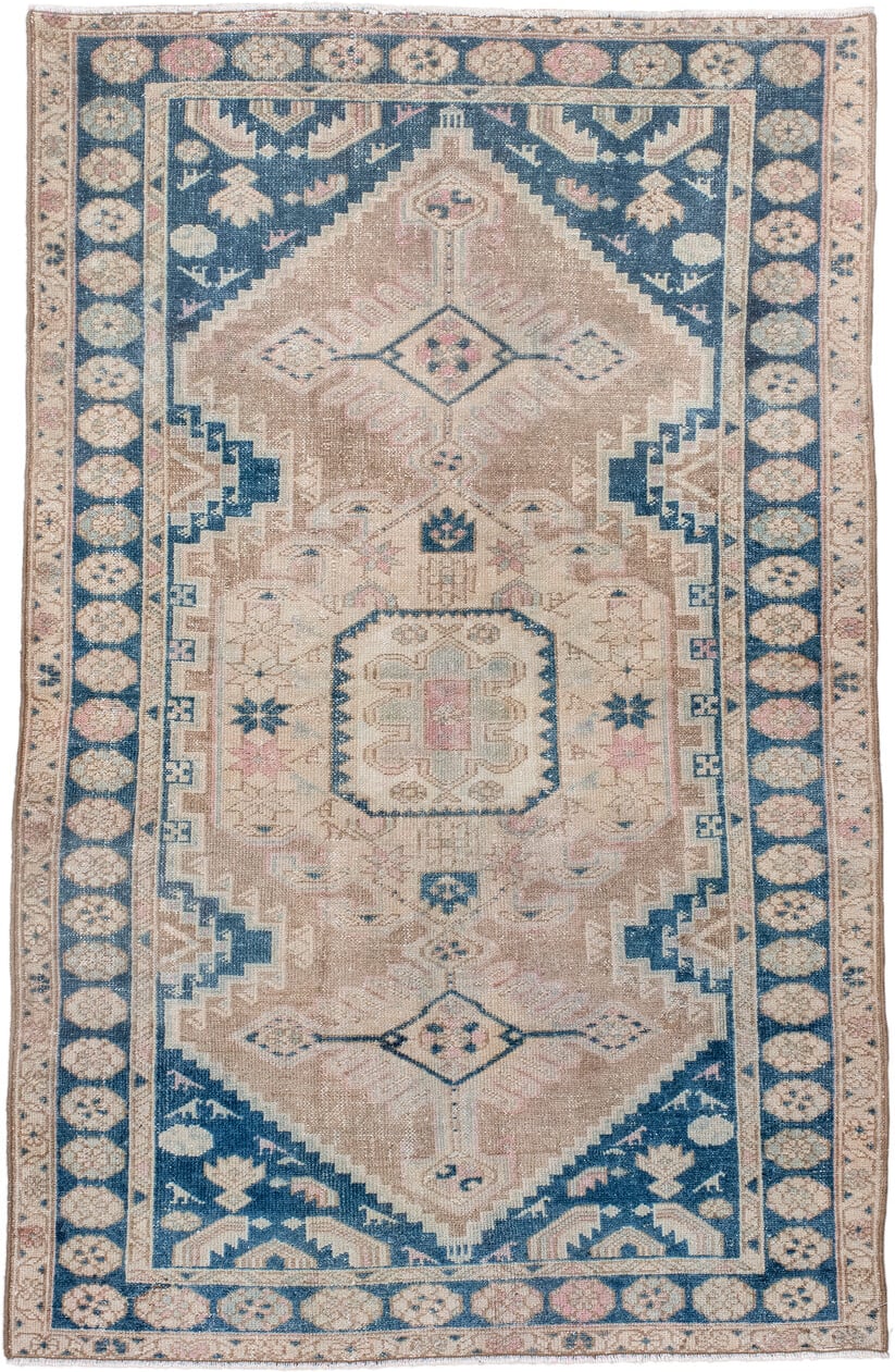 4' x 6' one-of-a-kind handmade antique Hamadan small size rug. Color palette: ivory, beige, navy, blush, taupe, powder_blue