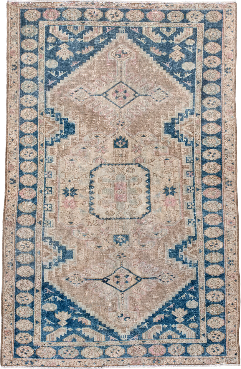 4' x 6' one-of-a-kind handmade antique Hamadan small size rug. Color palette: ivory, beige, navy, blush, taupe, powder_blue