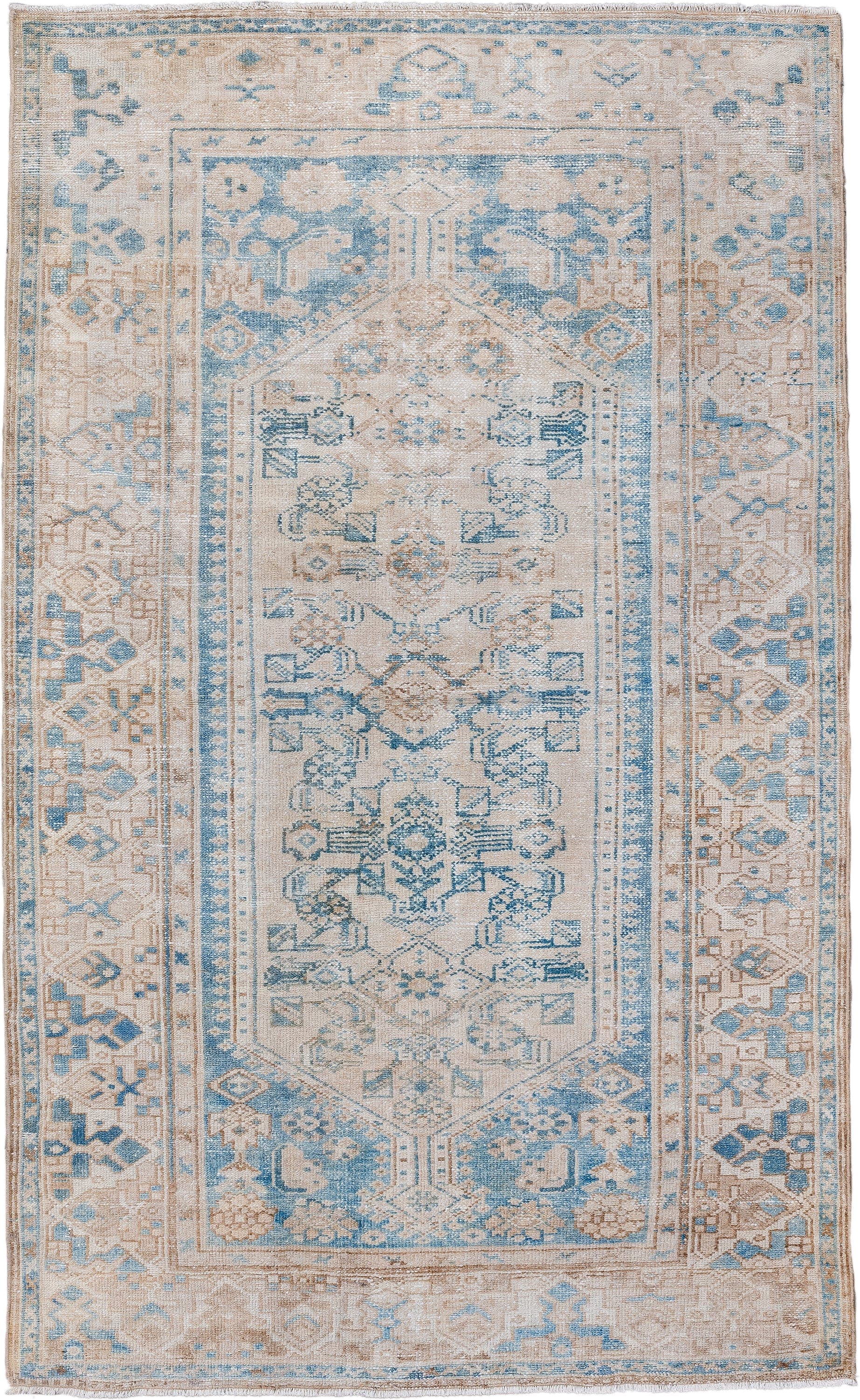 4' x 6' one-of-a-kind handmade vintage Hamadan small size rug. Color palette: ivory, sky blue, beige, taupe, camel