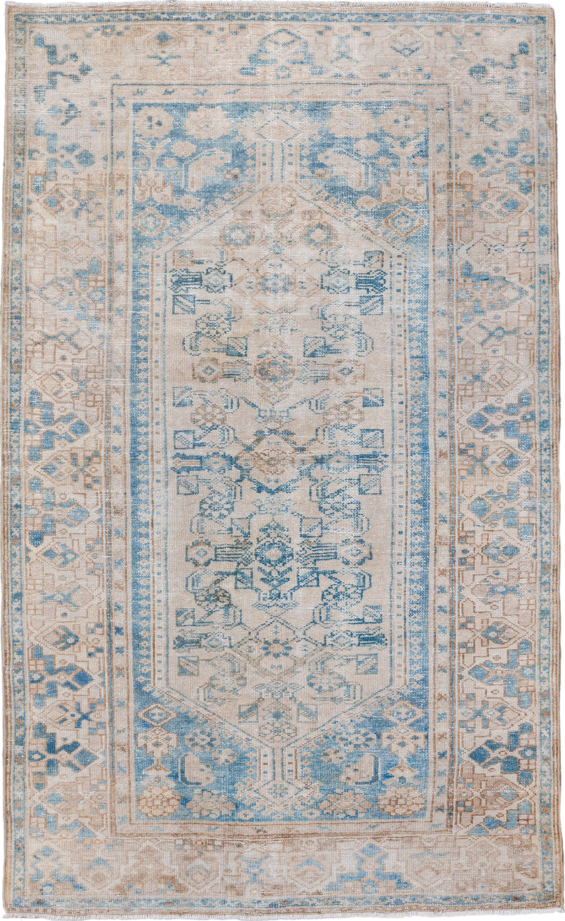 4' x 6' one-of-a-kind handmade vintage Hamadan small size rug. Color palette: ivory, sky blue, beige, taupe, camel