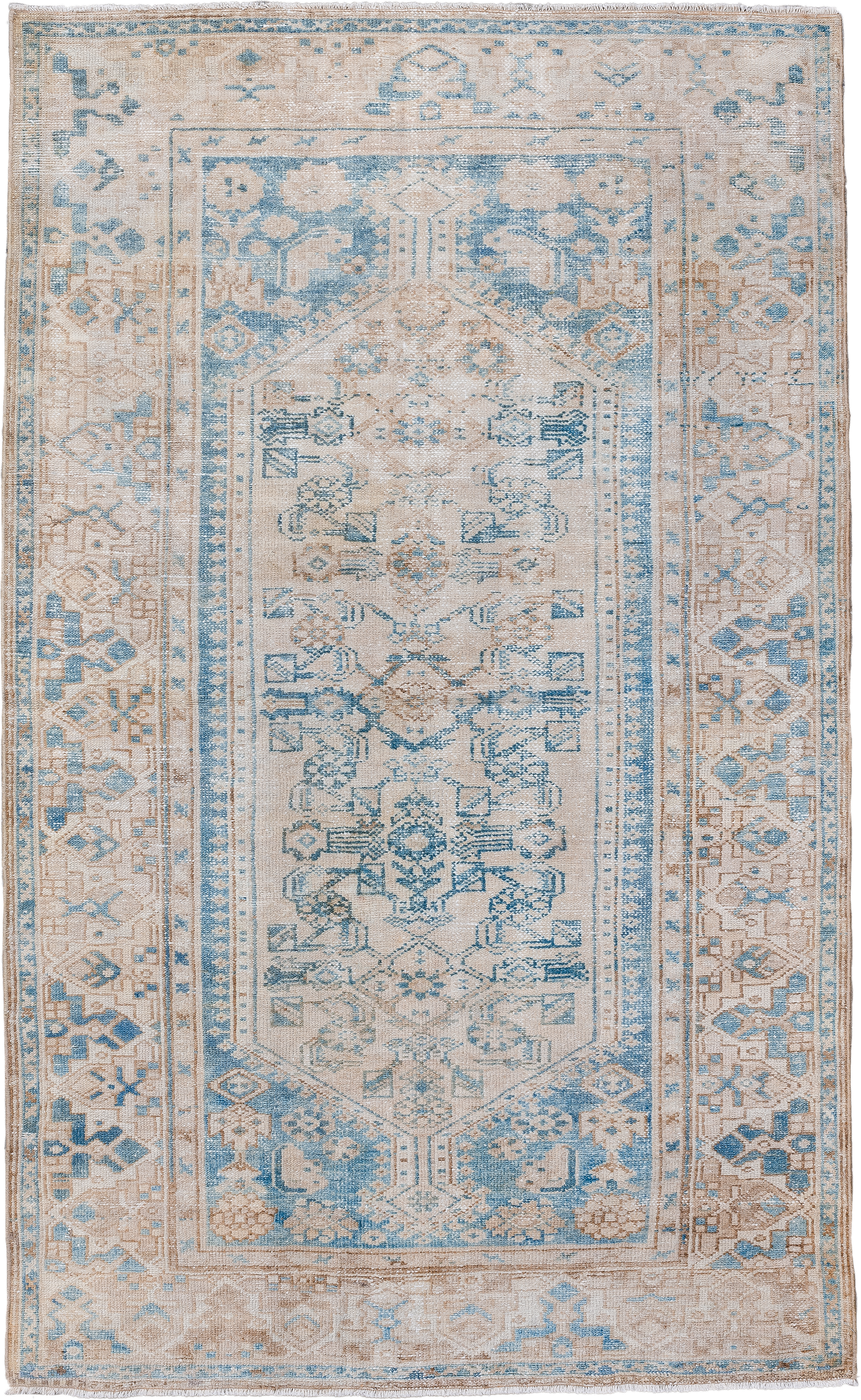 4' x 6' one-of-a-kind handmade vintage Hamadan small size rug. Color palette: ivory, sky blue, beige, taupe, camel