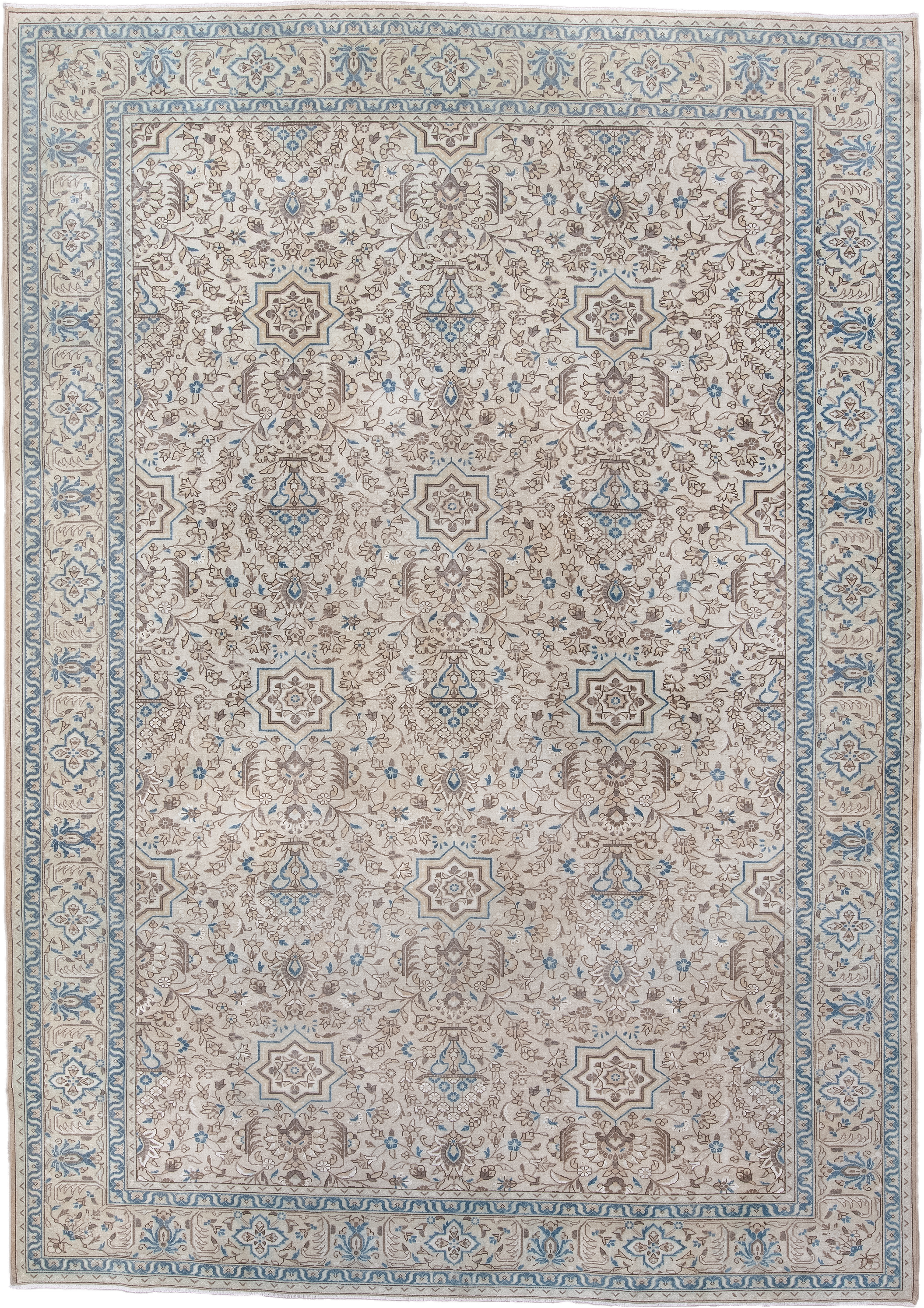 7' x 11' one-of-a-kind handmade antique Tabriz large size rug. Color palette: ivory, sky blue, taupe, beige, camel