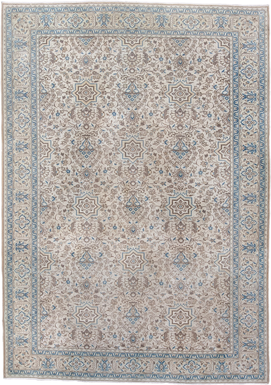 7' x 11' one-of-a-kind handmade antique Tabriz large size rug. Color palette: ivory, sky blue, taupe, beige, camel