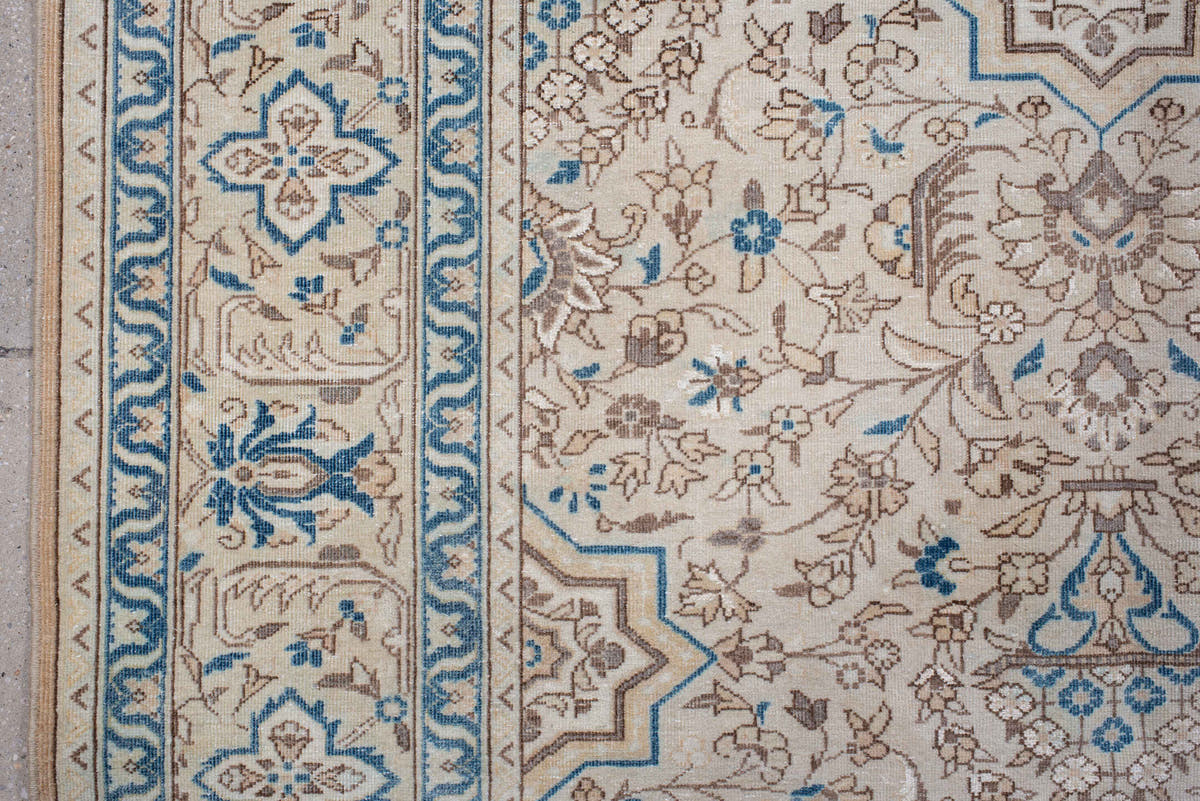 7' x 11' one-of-a-kind handmade antique Tabriz large size rug. Color palette: ivory, sky blue, taupe, beige, camel