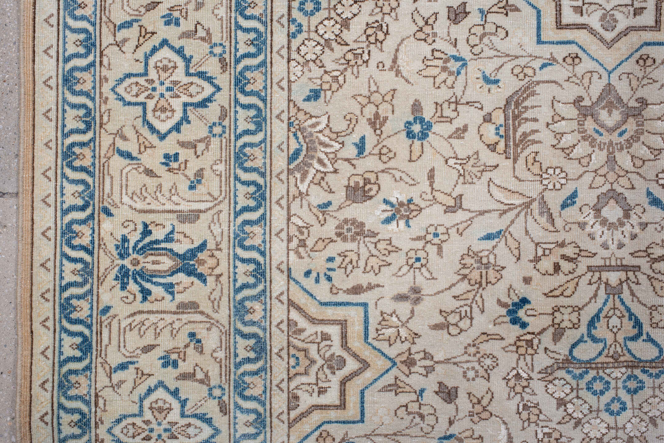 7' x 11' one-of-a-kind handmade antique Tabriz large size rug. Color palette: ivory, sky blue, taupe, beige, camel