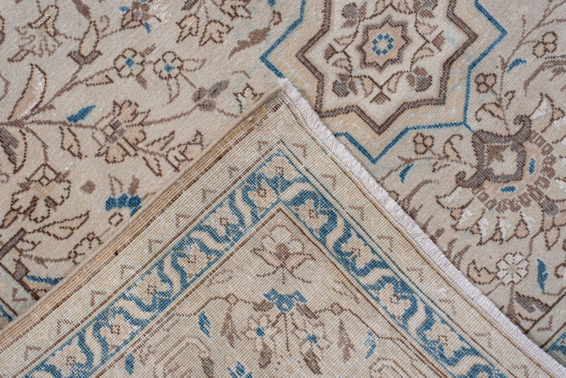 7' x 11' one-of-a-kind handmade antique Tabriz large size rug. Color palette: ivory, sky blue, taupe, beige, camel
