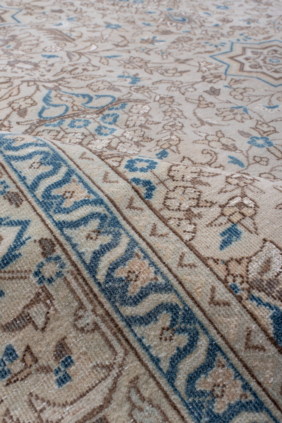7' x 11' one-of-a-kind handmade antique Tabriz large size rug. Color palette: ivory, sky blue, taupe, beige, camel